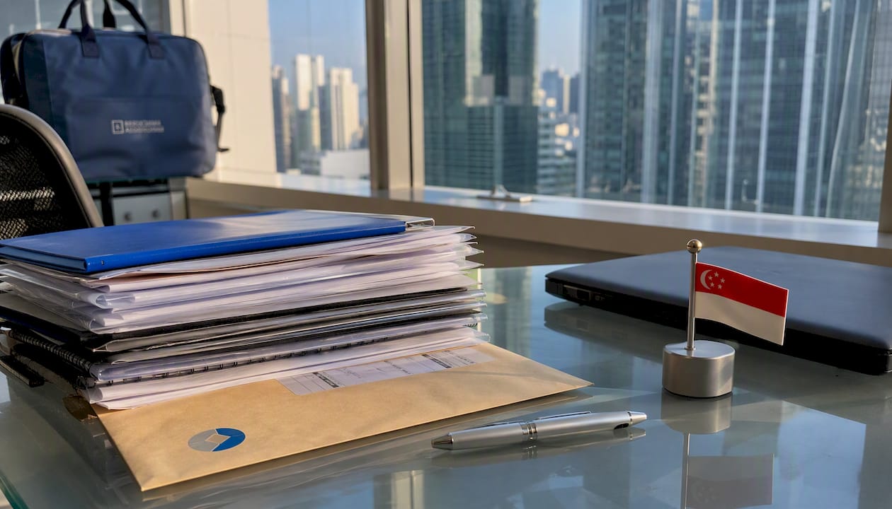 Desk with Singapore annual filing documents