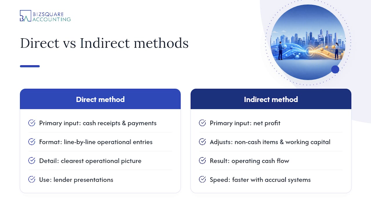 Comparison diagram of direct and indirect cash flow methods