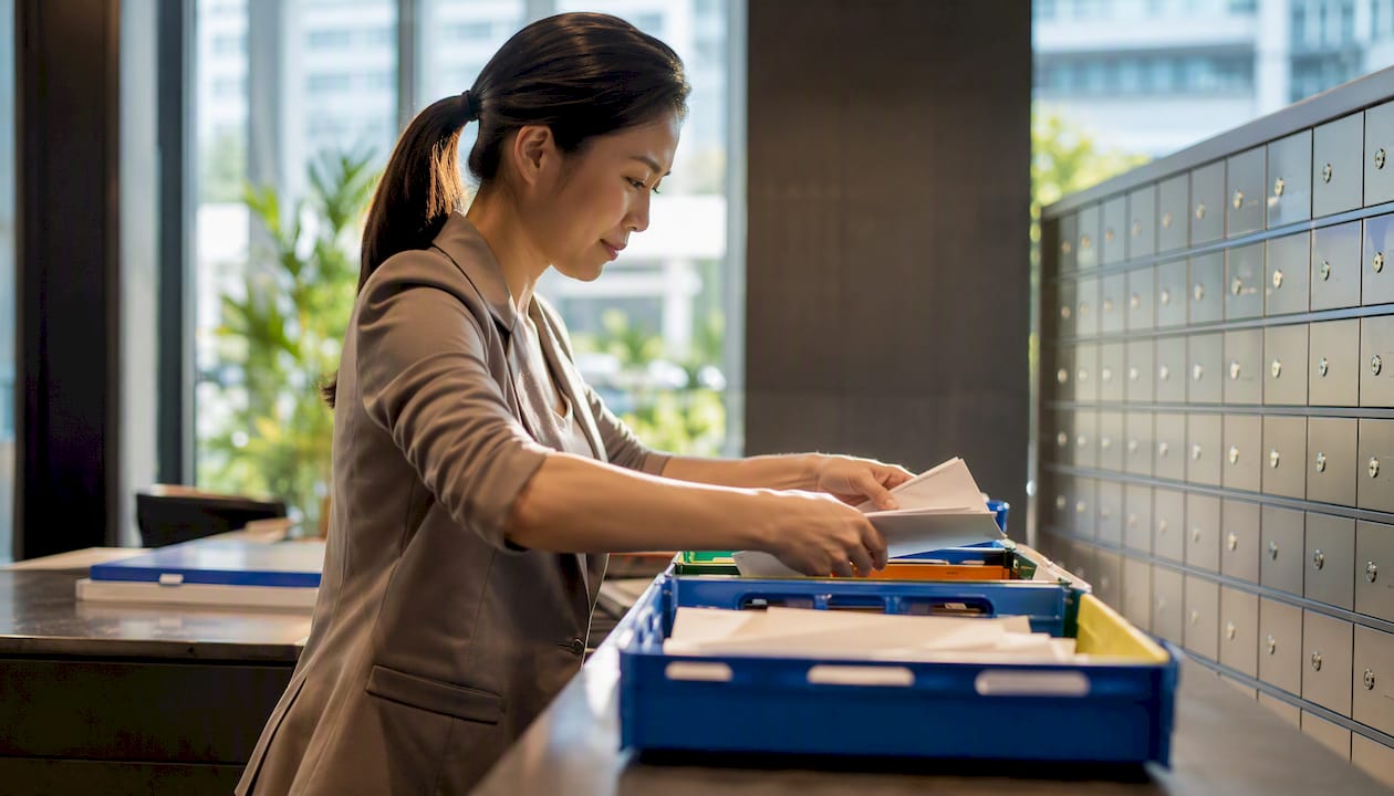 Staff handling mail in virtual office reception