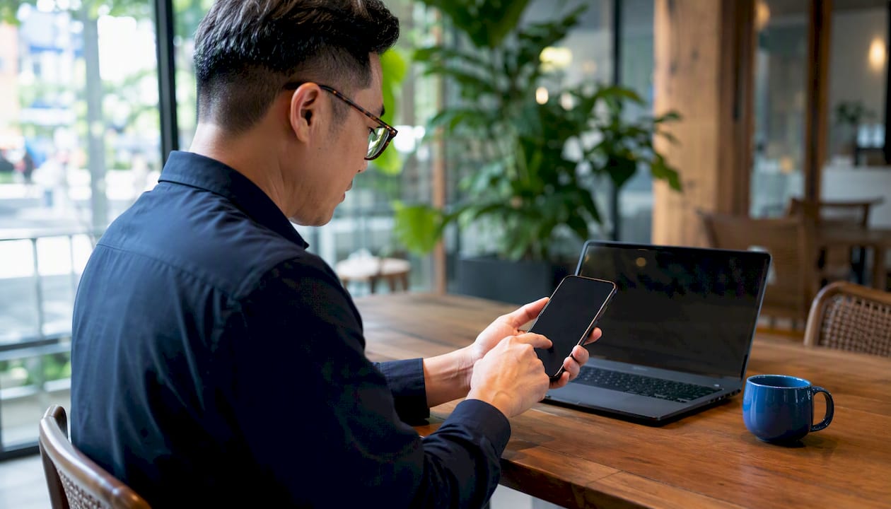 Hands uploading documents on device