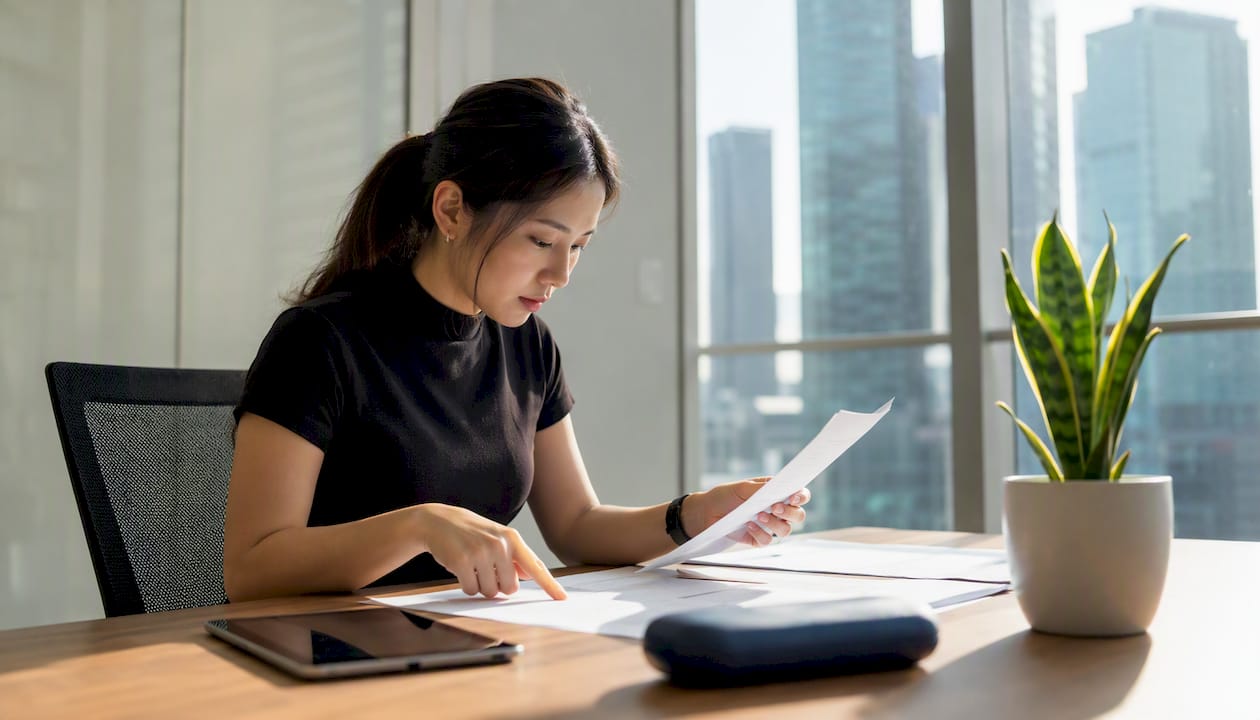 Person auditing subscriptions with documents on table