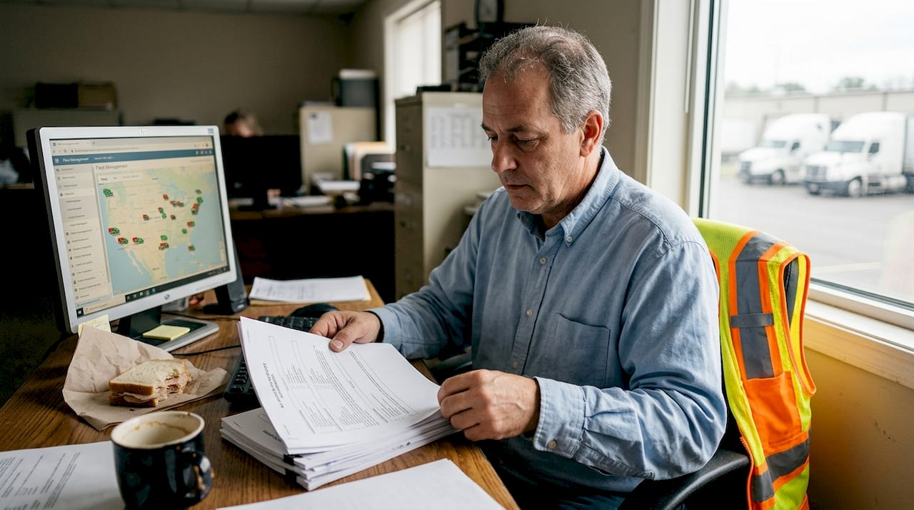 Fleet manager reviews accident report paperwork