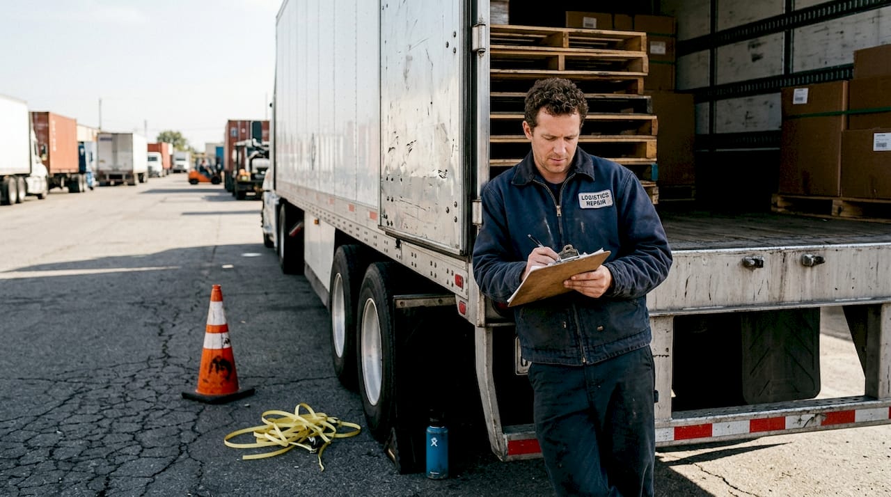 Mechanic inspecting cargo area of truck