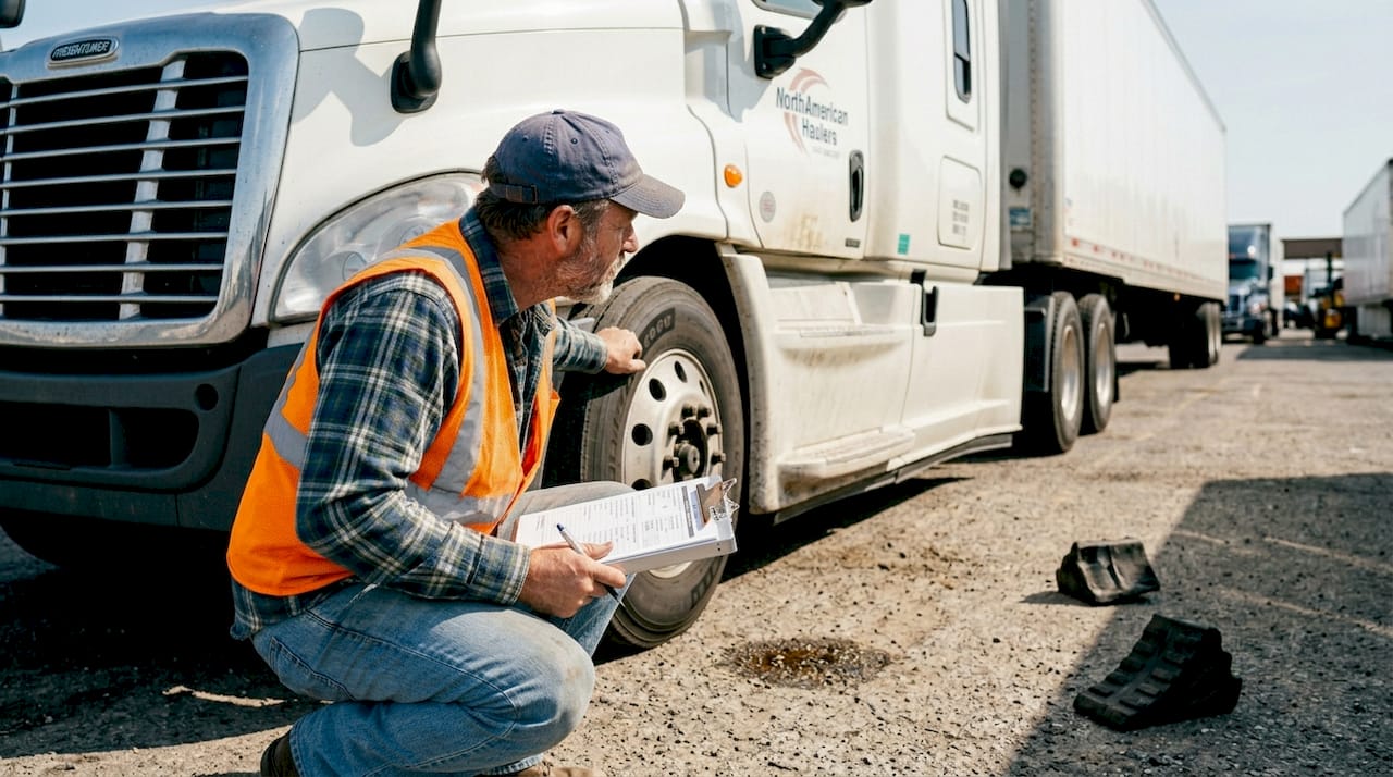 Truck driver checking tire on fleet truck