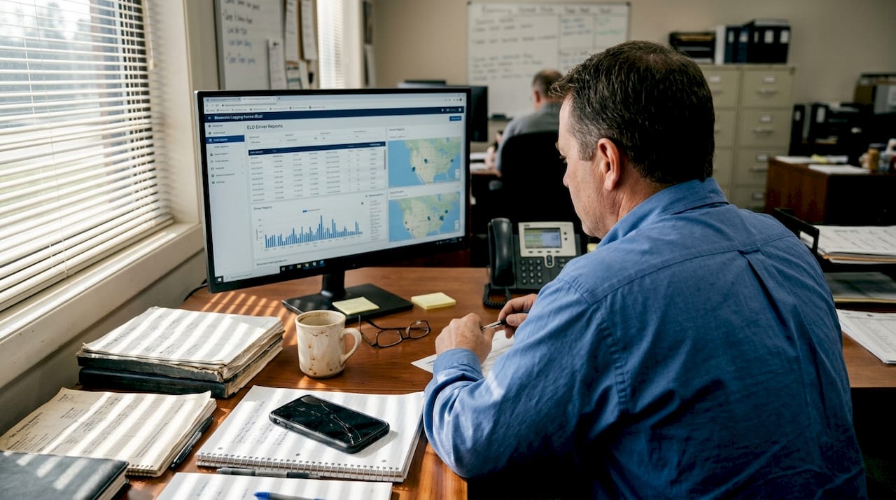 Fleet manager reviewing ELD compliance on computer
