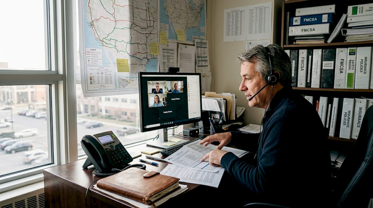 Fleet manager reviewing trucking liability coverage documents