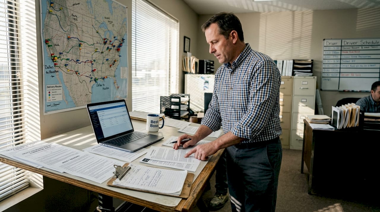Fleet manager reviews trucking insurance policies