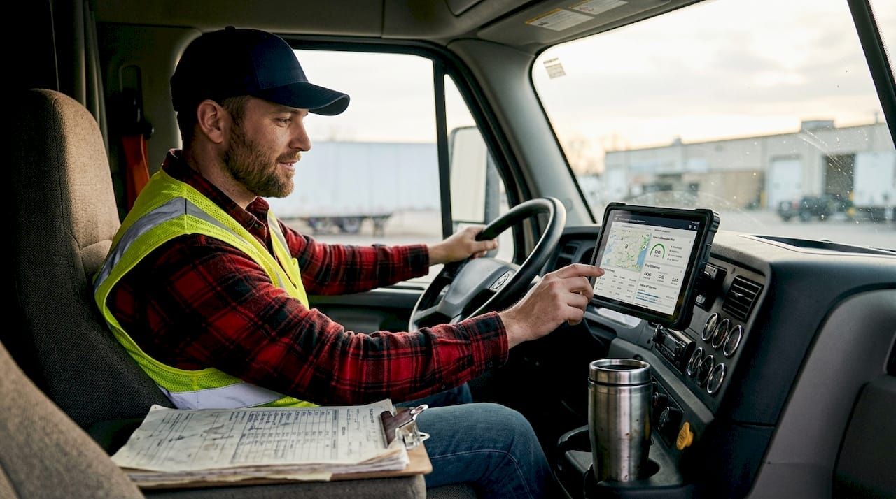 Truck driver reviews telematics data in cab