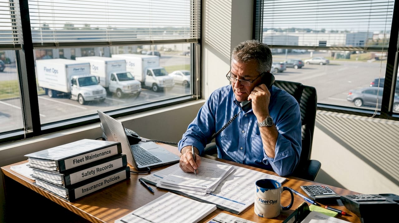 Fleet manager reviewing insurance paperwork with trucks