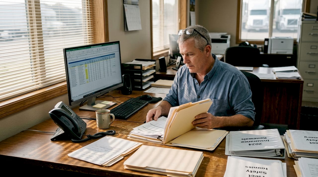 Fleet manager reviewing insurance documents