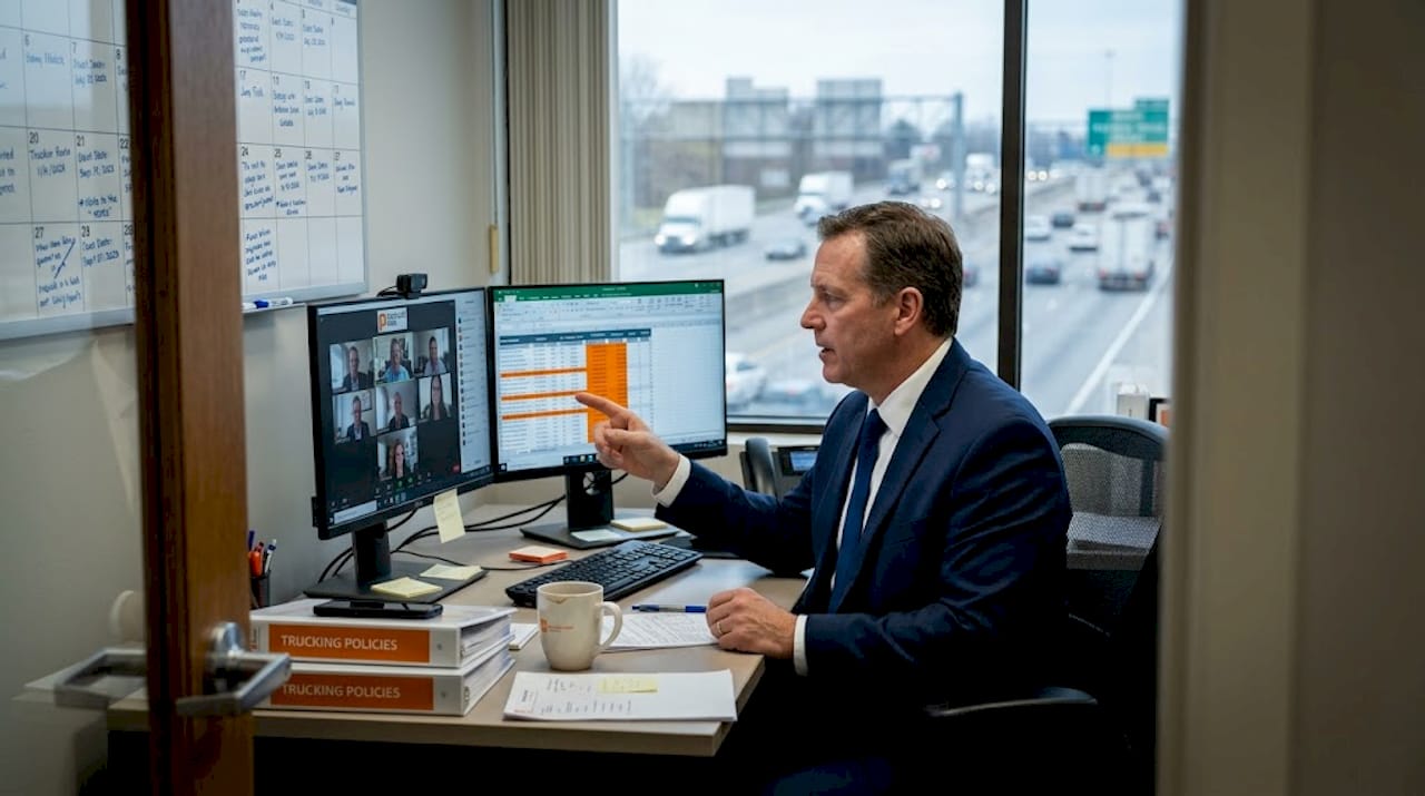 Insurance broker in office near highway video calling
