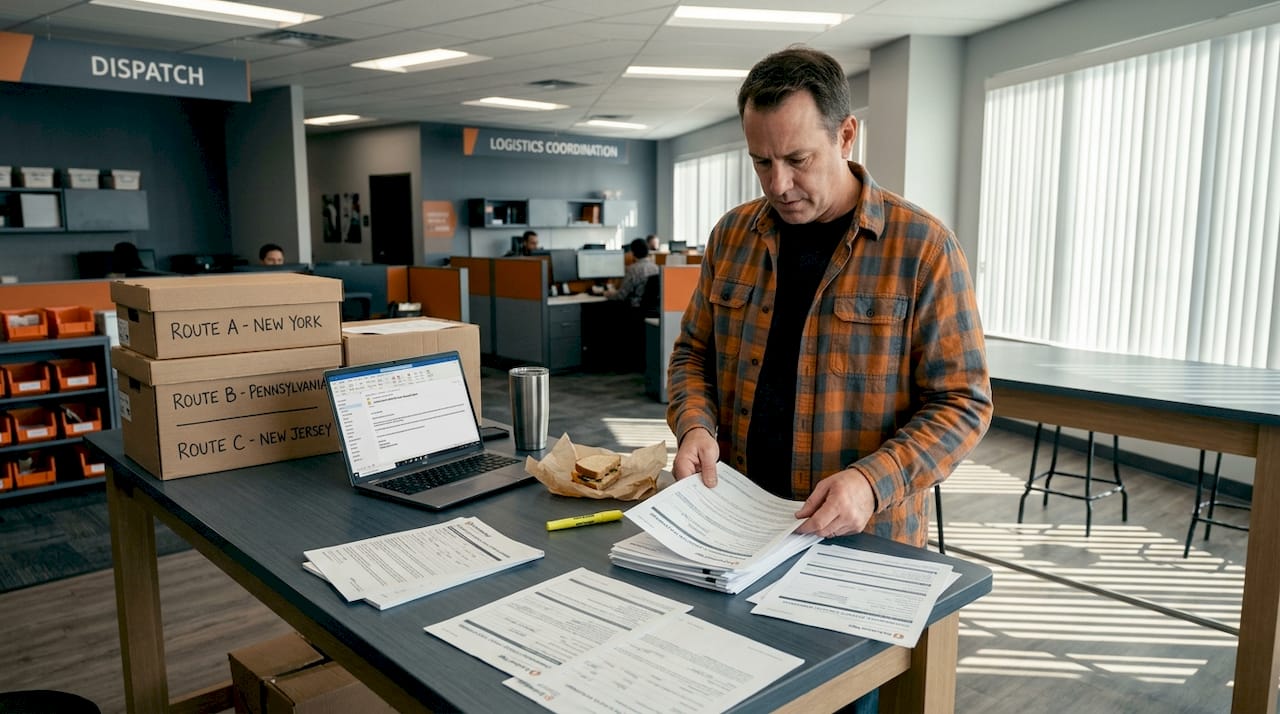 Fleet manager sorts insurance forms at worktable