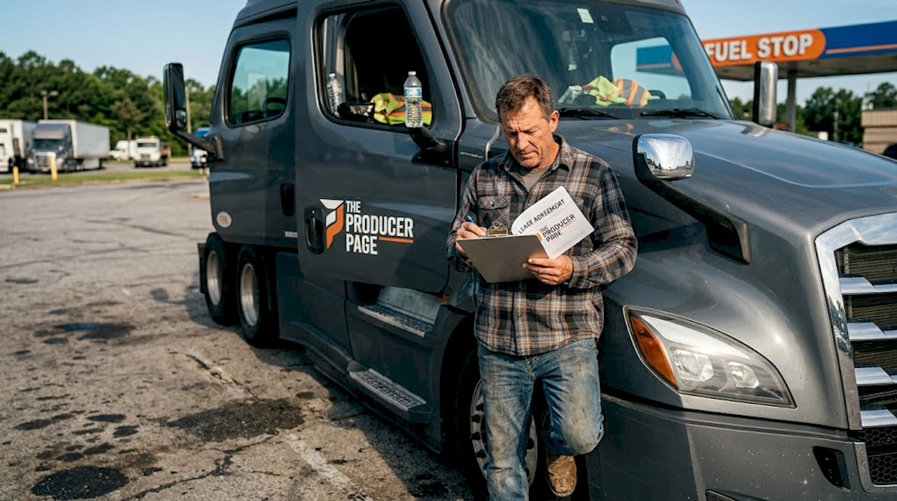 Truck driver reviewing lease documents roadside