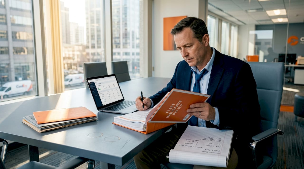 Manager reviewing fleet insurance documents