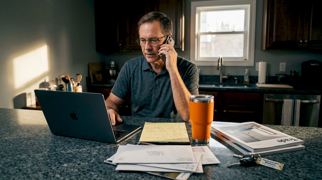 Person calling insurer from kitchen counter