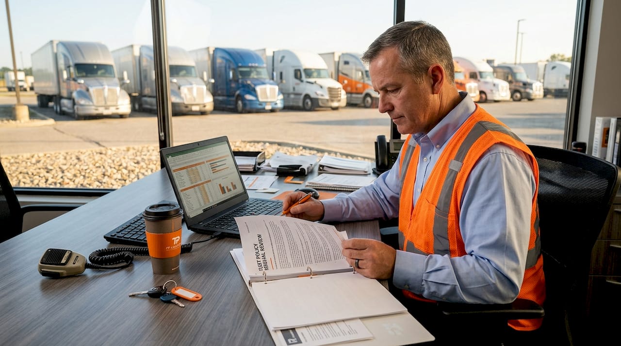 Fleet manager reviewing insurance documents in office