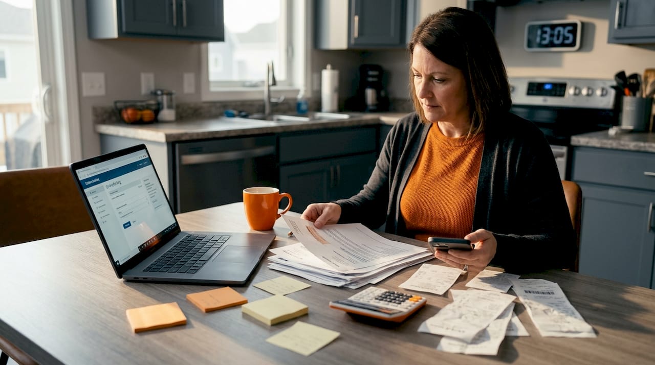 Fleet owner managing insurance payments at table