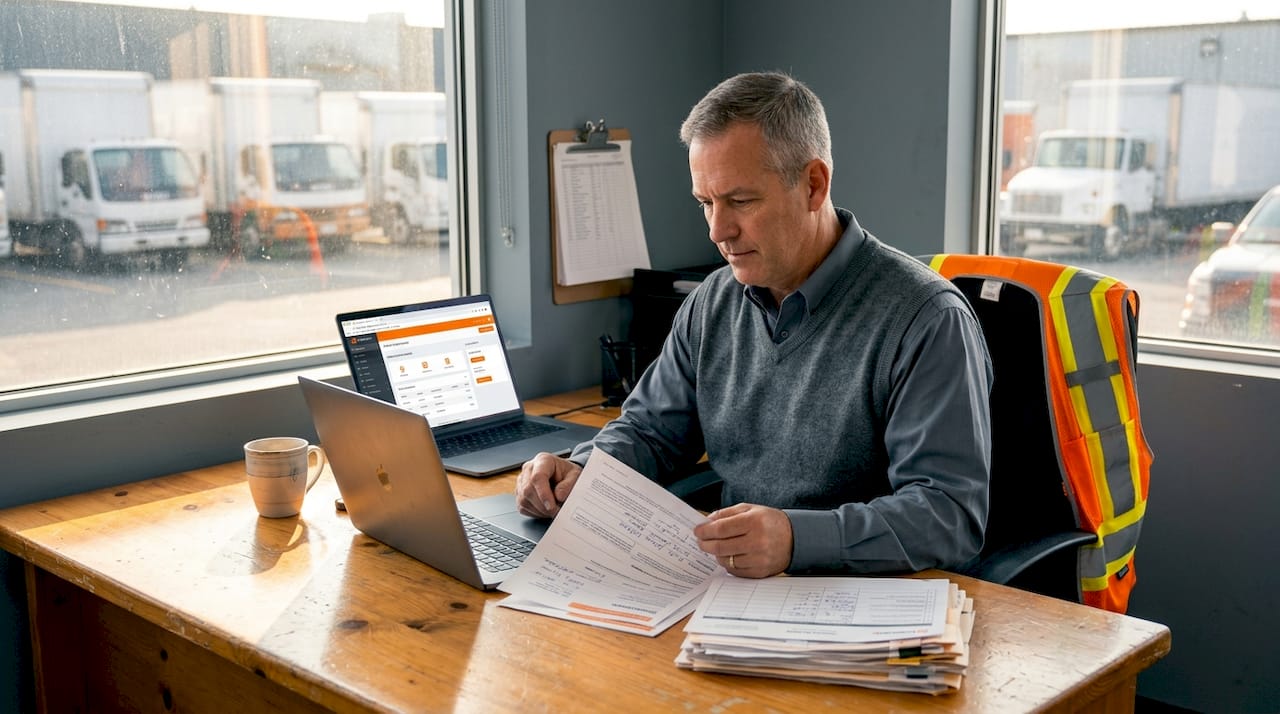 Fleet manager reviews cargo insurance paperwork