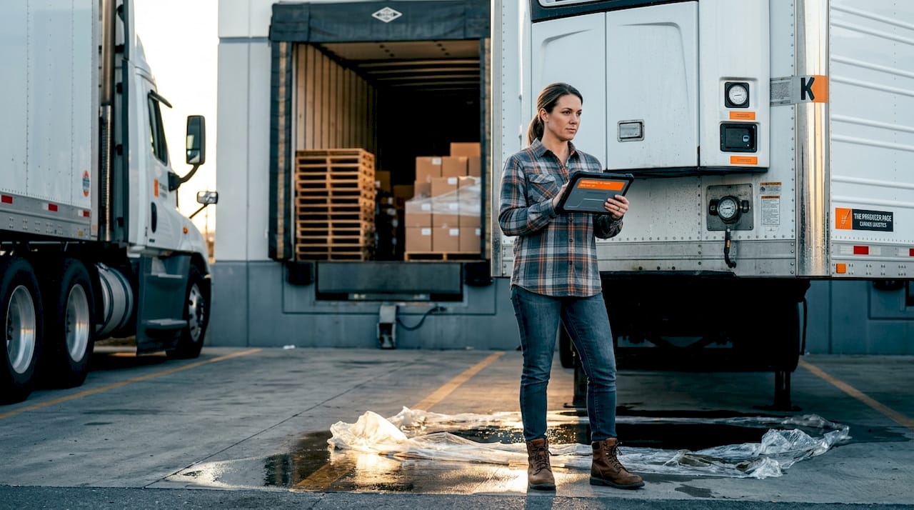 Truck driver checks refrigerated cargo trailer