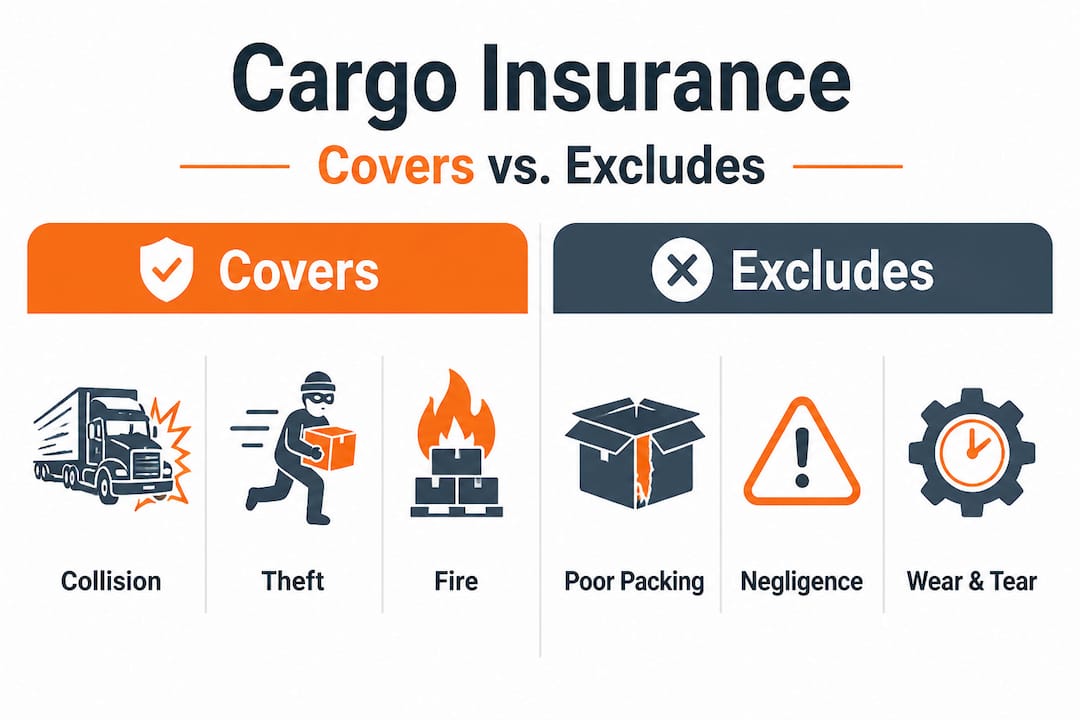Infographic contrasting covered and excluded cargo insurance events