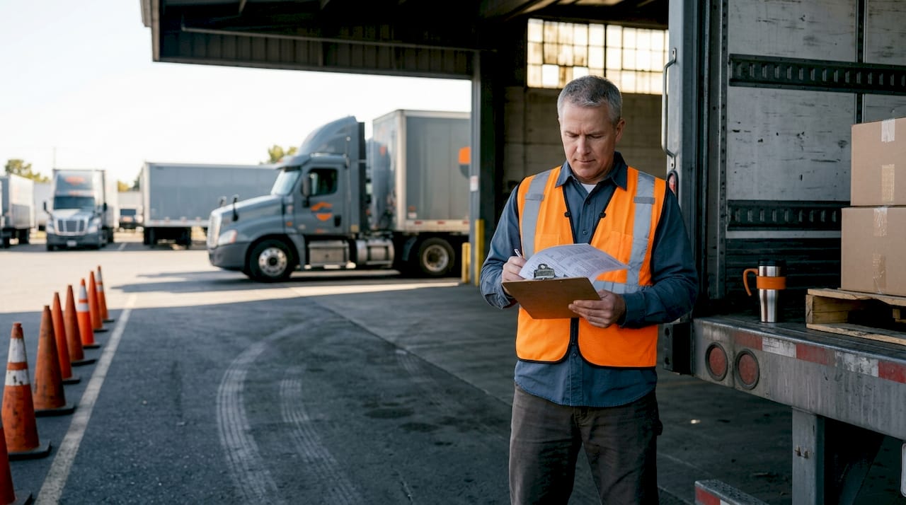Fleet manager checking cargo documents in truck yard