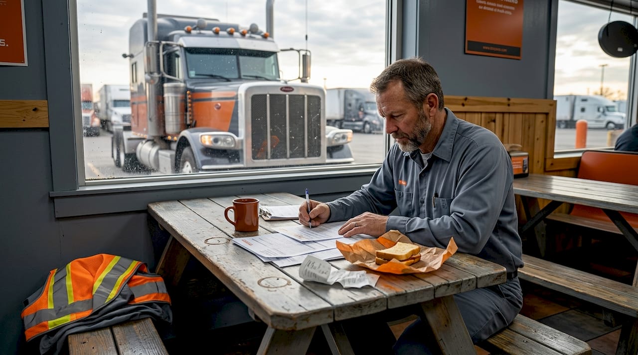 Truck driver reviewing cargo documents at truck stop