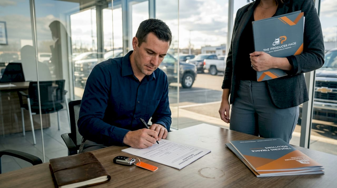 Customer signing auto insurance papers at dealership