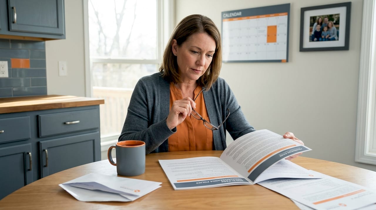Woman reviewing insurance paperwork at kitchen table
