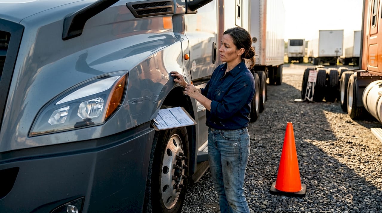 Mechanic checking truck for insurance purposes