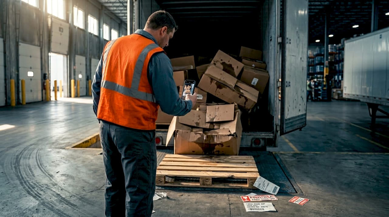 Warehouse worker documenting truck cargo damage