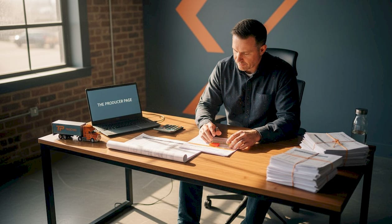 Logistics manager reviews truck cargo insurance paperwork