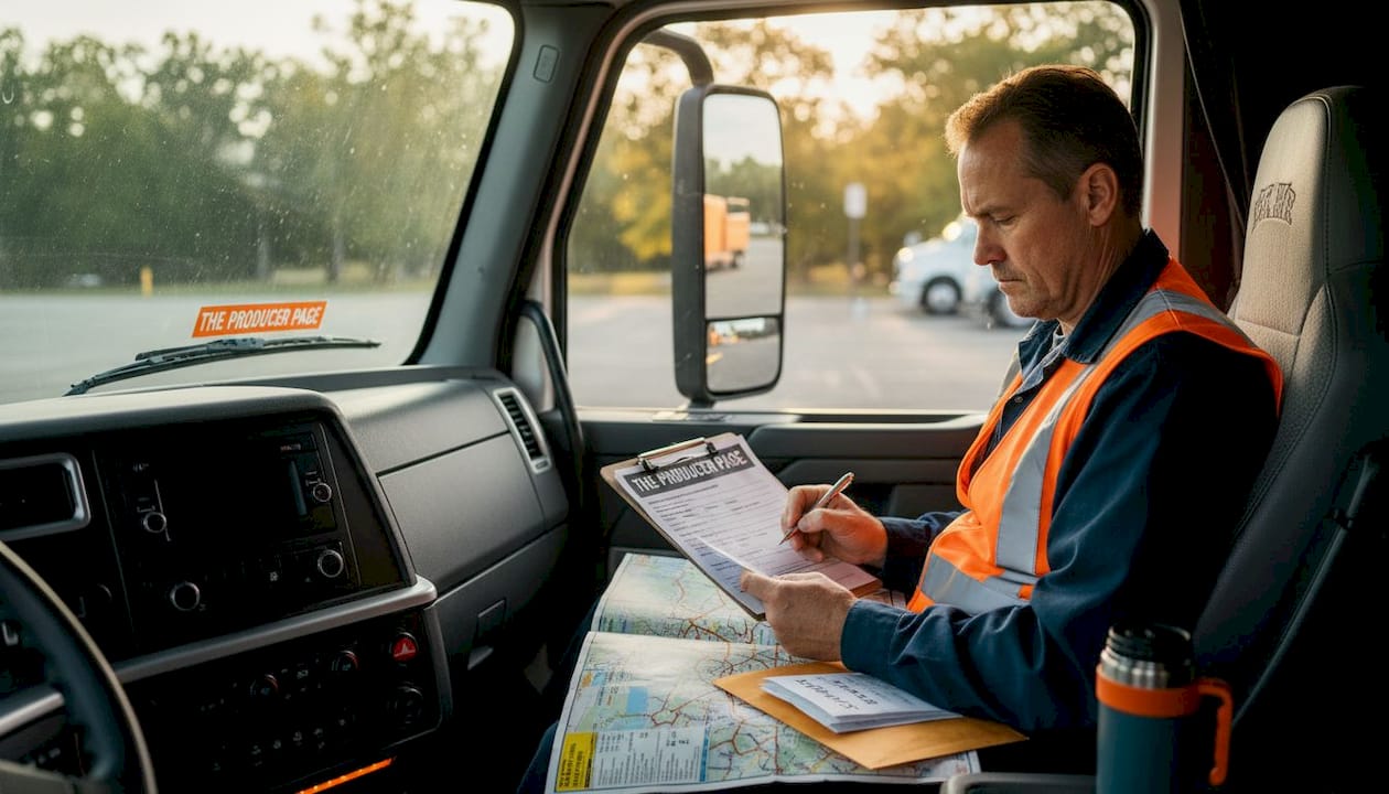 Truck driver completing paperwork inside cab