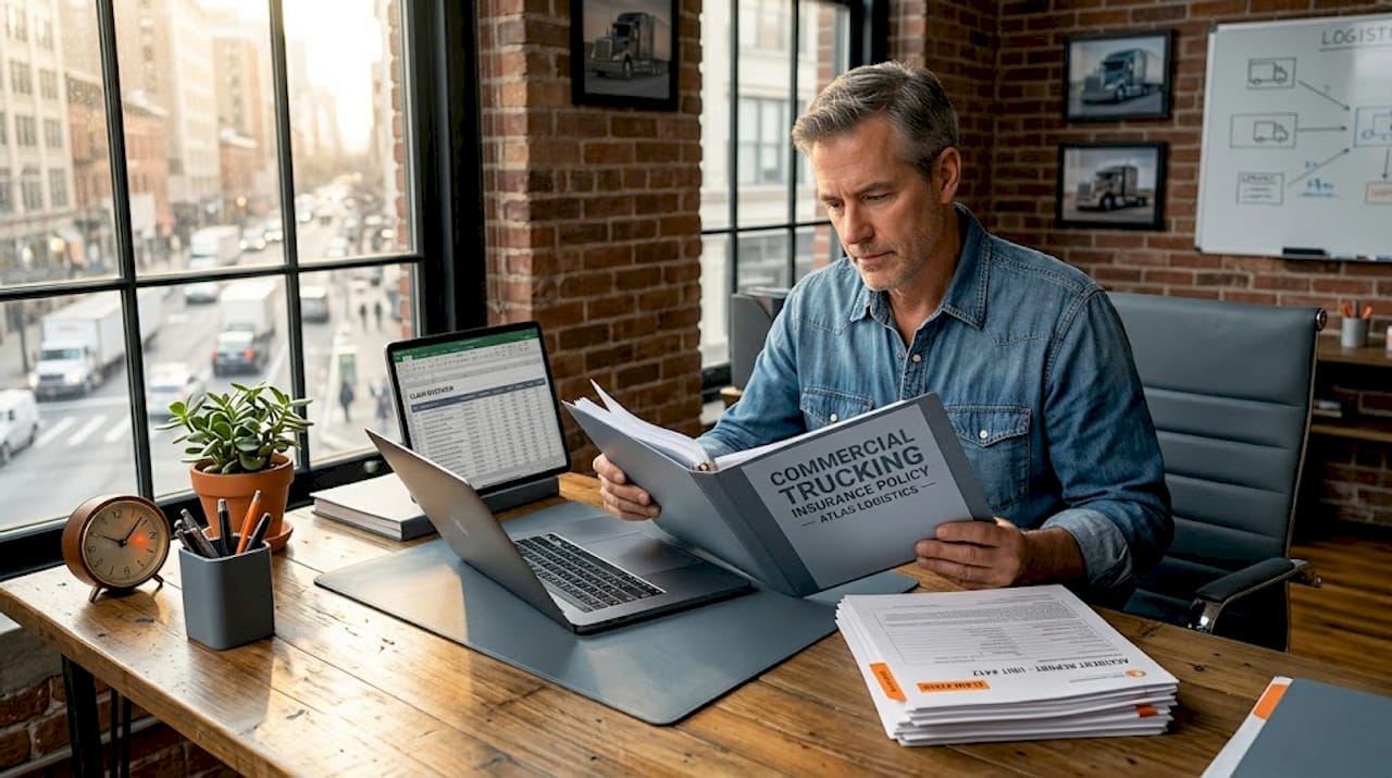 Manager reviewing truck insurance paperwork
