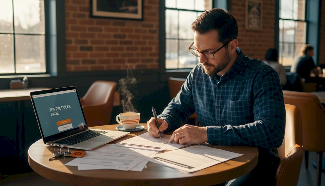 Trucking business owner at desk with insurance forms