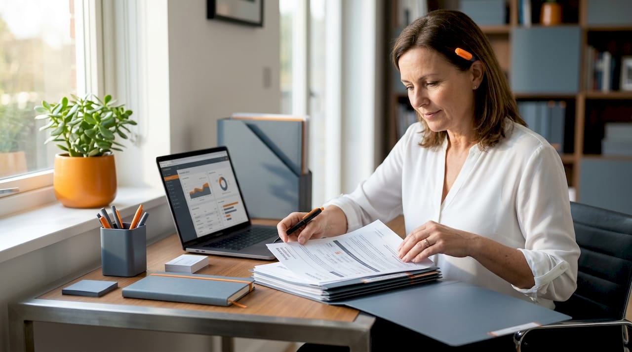 Woman organizing insurance documents at desk