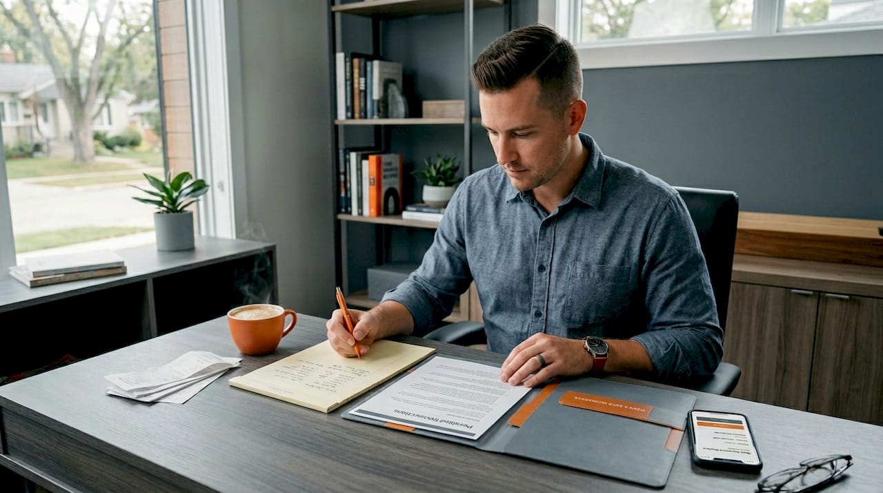 Man preparing insurance checklist at kitchen table