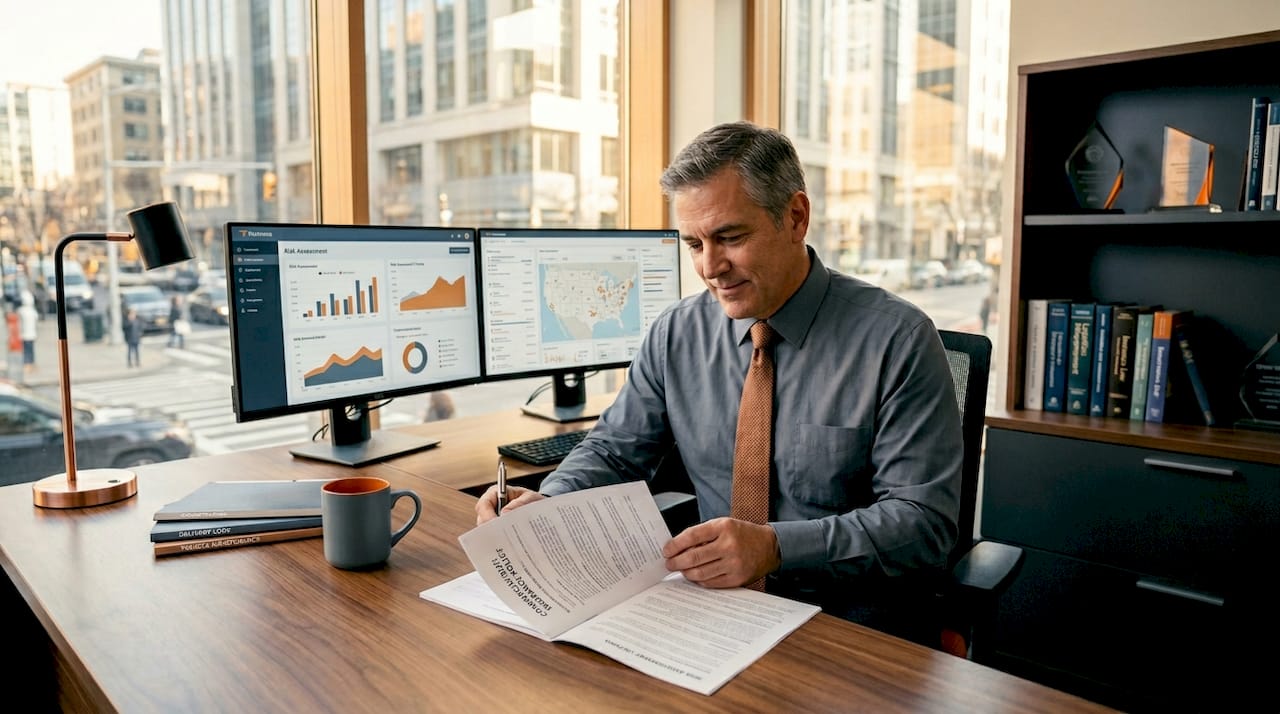 Fleet manager reviewing trucking insurance documents