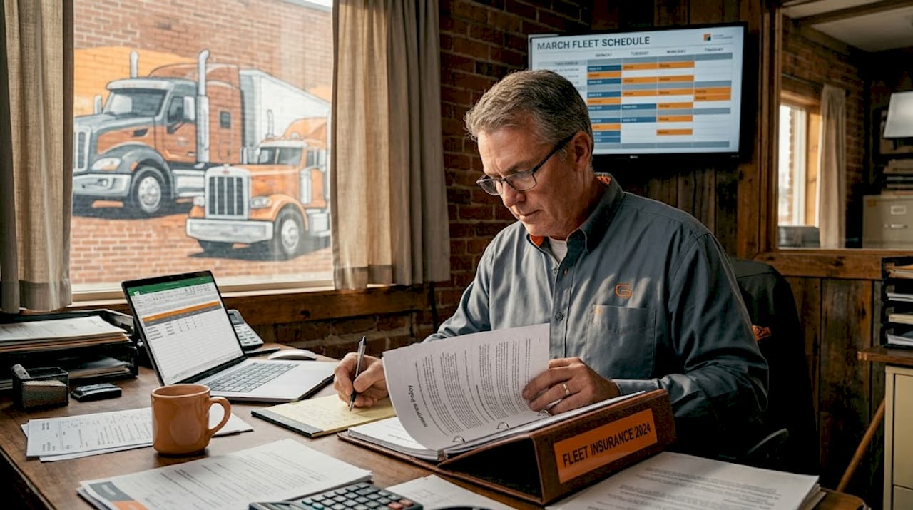 Fleet manager reviewing trucking insurance paperwork