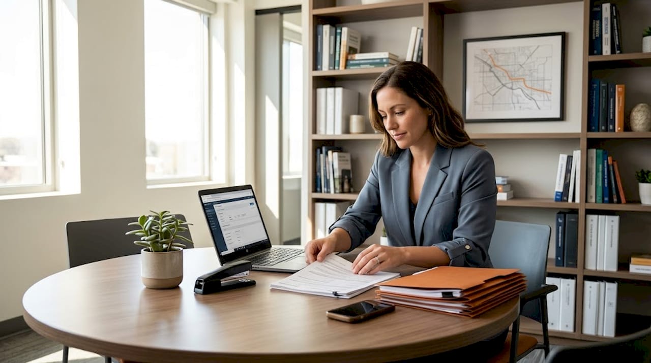 Insurance agent organizing trucking compliance paperwork