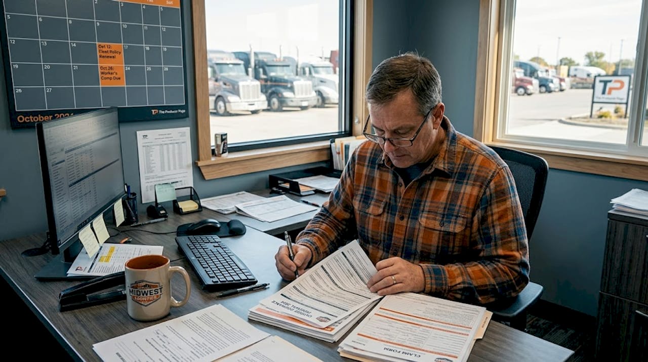 Manager reviewing insurance paperwork in trucking office