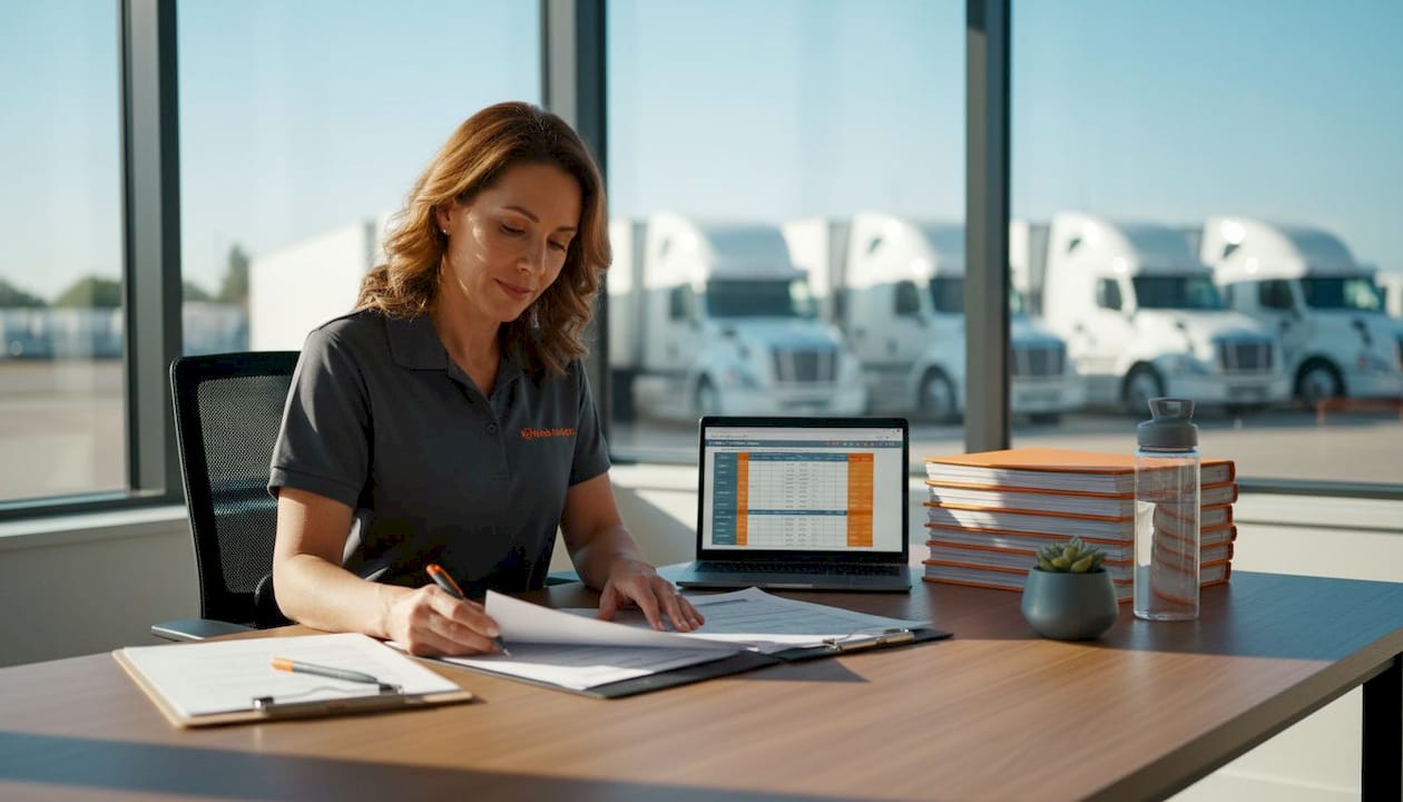 Fleet manager reviews insurance paperwork in office