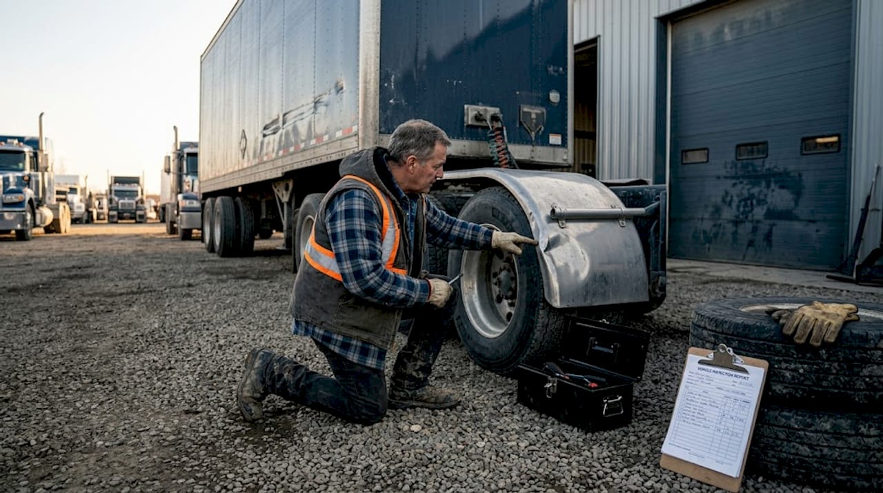Truck operator inspects damage to semi-truck