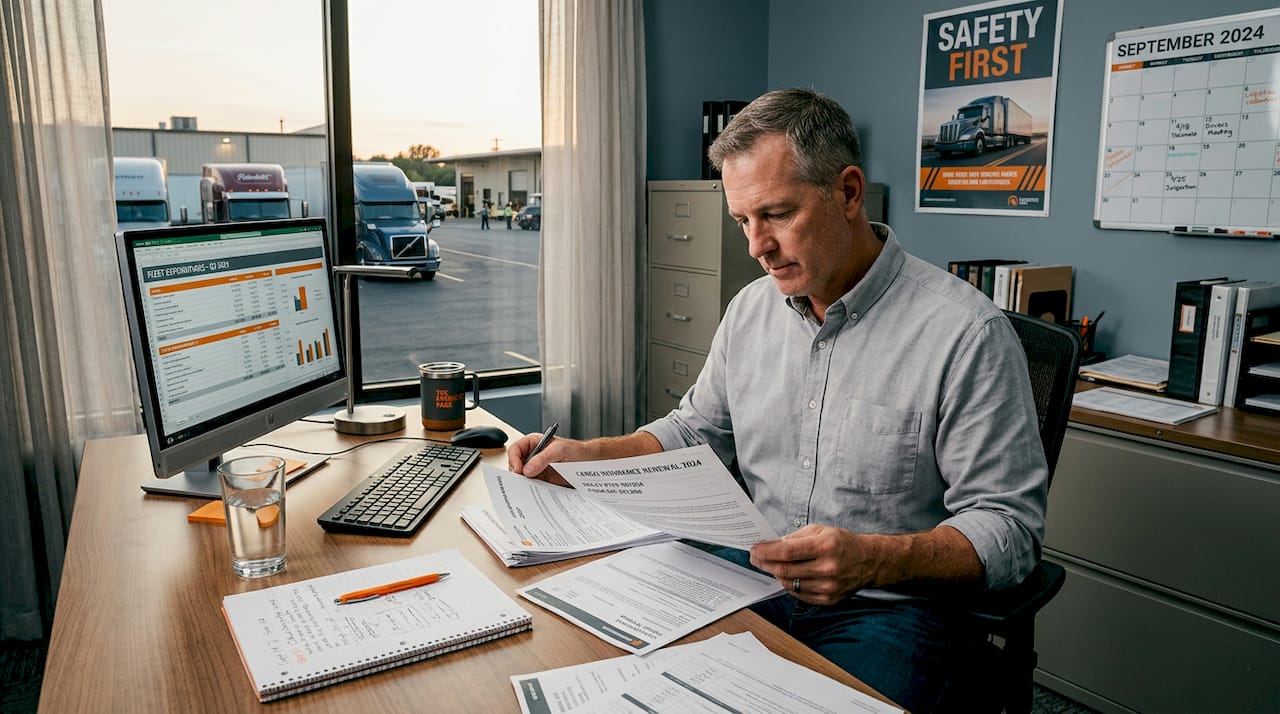 Fleet manager reviews trucking insurance paperwork