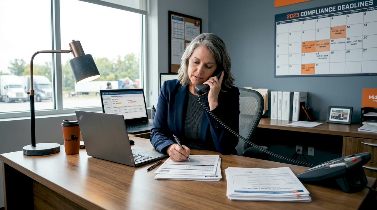 Manager reviewing trucking compliance paperwork at desk