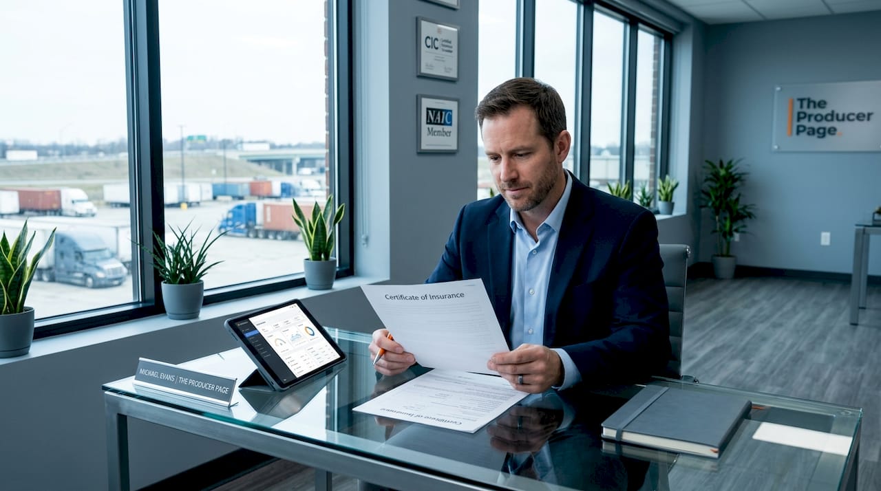 Insurance agent reviews certificate in trucking office