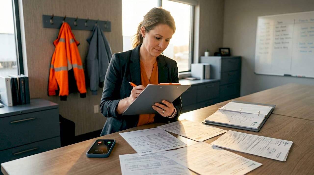Fleet manager reviews trucking compliance paperwork