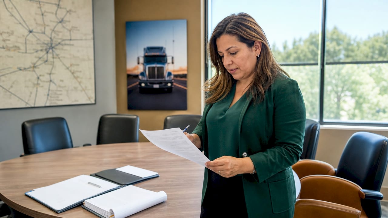 Logistics manager reviewing trucking liability documents