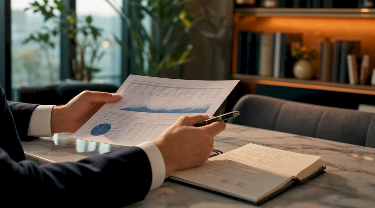 Close-up of hands reviewing insurance financial documents