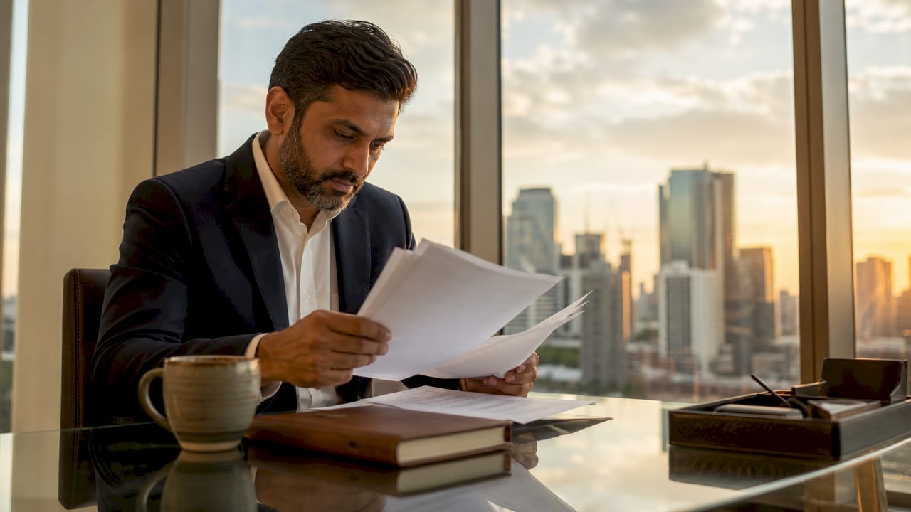 Business owner reading insurance certificate document