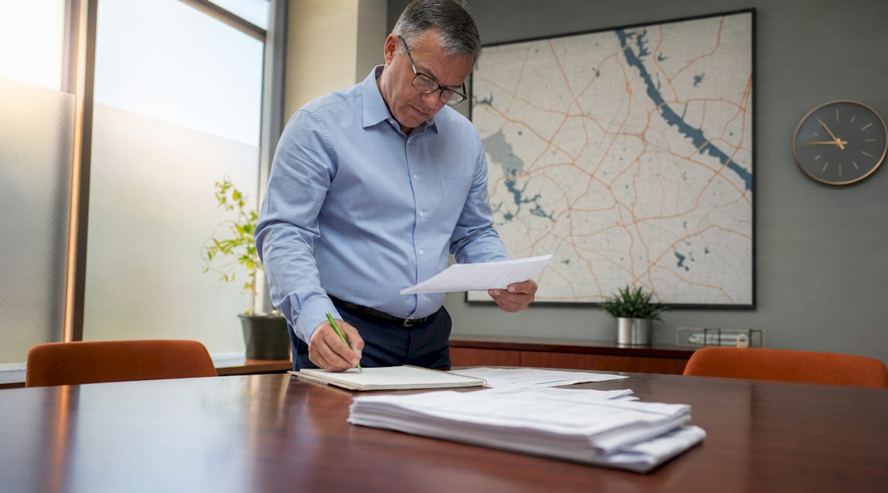 Fleet manager reviewing insurance documents